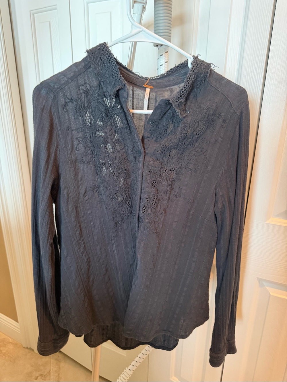 Free People Charcoal Lace-Embellished Long Sleeve Blouse